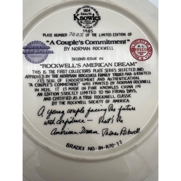 1985 Knowles Norman Rockwell Plate A Couples Commitment 8.5" Bradex 84-R70-7.2 - Picture 4 of 6